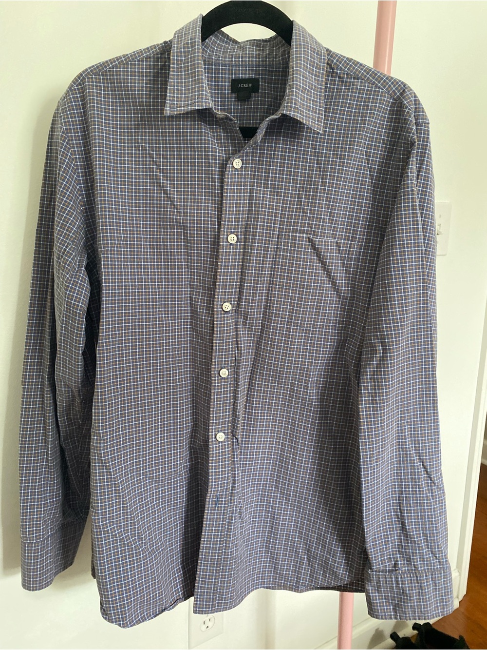 J. Crew Men's Blue and White Micro-Check Dress Shirt